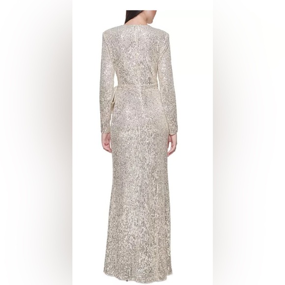 Eliza J Women's Formal Dress Size 6 Gold Sequined Long Sleeve Thigh Slit Gown - Picture 2 of 3